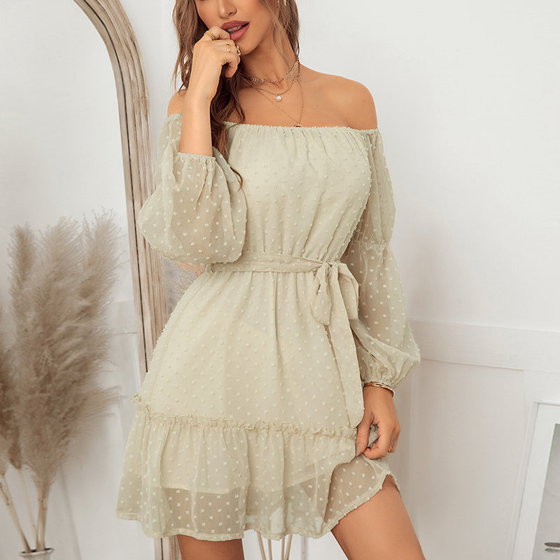 Sexy Off Shoulder Flocking Mini Dress Long Sleeve Solid Color Lace Up Flowy Wholesale Dresses