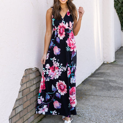 Floral Print Deep V Neck Sleeveless Resort Dress Wholesale Maxi Dresses