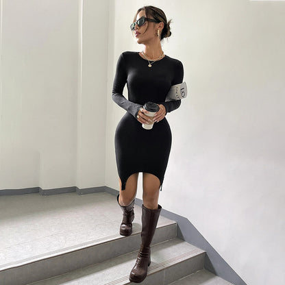 Irregular-Fit Knitted Long-Sleeved Hip Bodycon Dress Wholesale Dresses