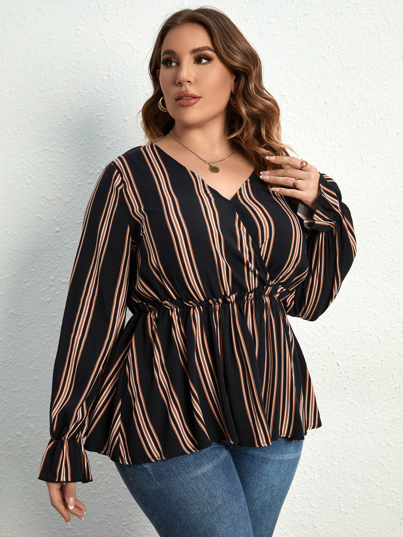 Long-Sleeve Tie-Up Striped Curvy Tops Wholesale Plus Size Clothing