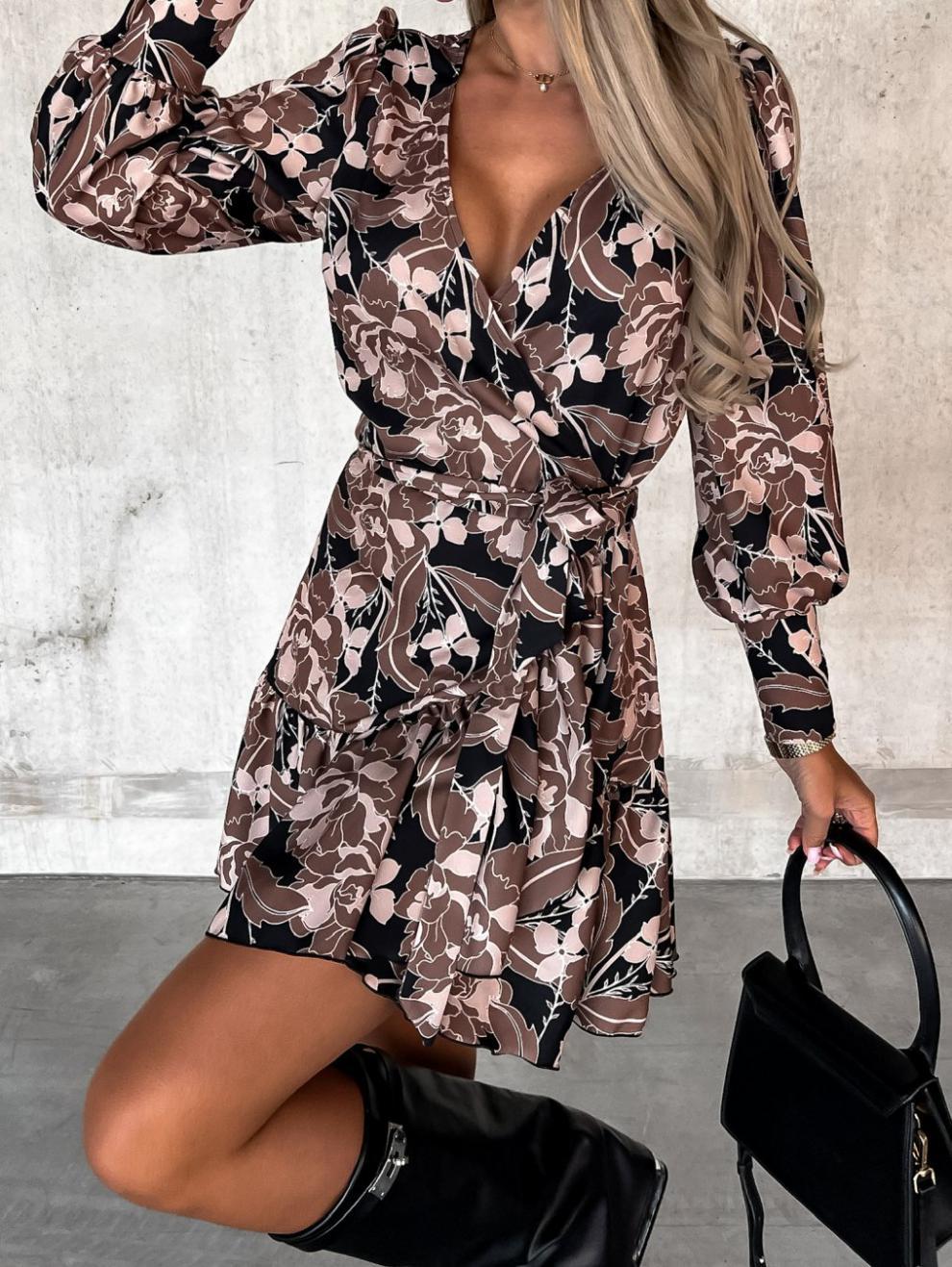 Long Sleeve Fashion Printed Waist Ruffled Dress Wholesale Dresses