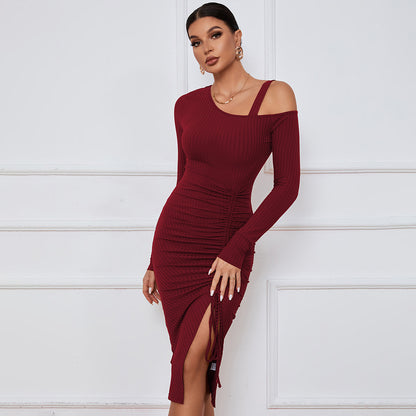 Off Shoulder Long Sleeve Package Hip Drawstring Knitted Dress Wholesale Dresses