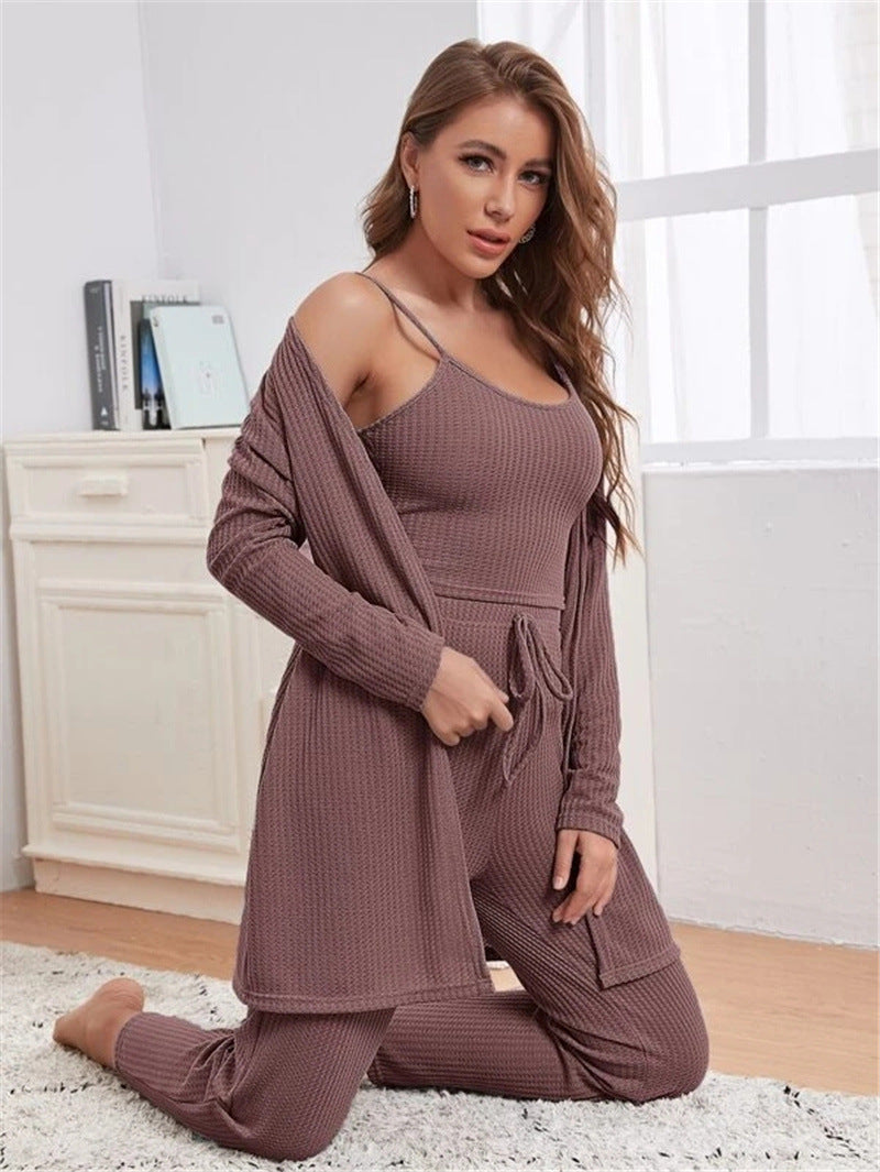 Soft Waffle-Knit Sling Tops & Trousers Pajama 3pcs Sets Women'S Loungewear Wholesale Vendors