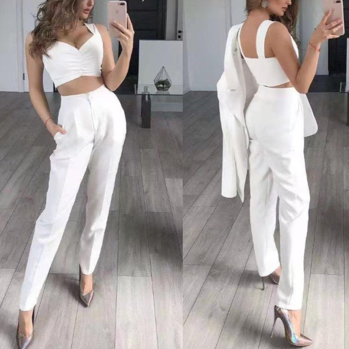 Solid Color Loose Blazer & Inner Top & Pants 3pcs Suits Wholesale Women Sets