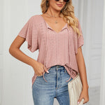 V-Neck Solid Color Tie Short-Sleeve Lace Hollow T-Shirt Wholesale Womens Tops