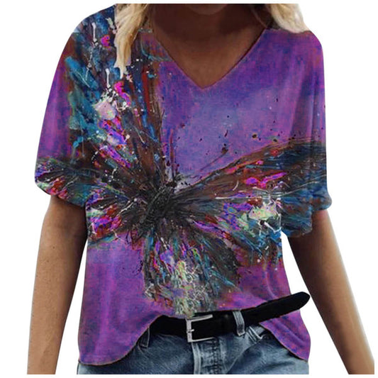 Fashion Print V Neck Short Sleeve Casual Loose Womens Tops Wholesale T Shirts