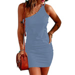 Solid Color Summer Slim Backless Slanted Shoulder Rib Bodycon Dress Wholesale Mini Dresses