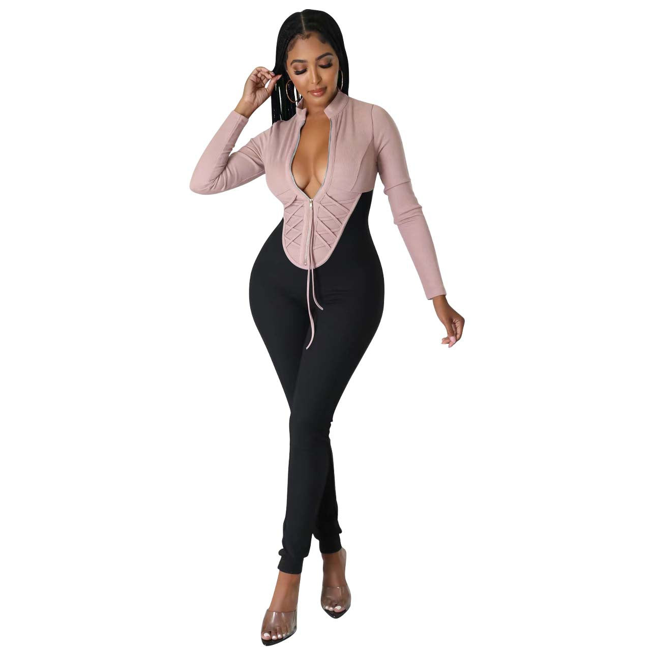 Colorblock Low-Cut Zip Bodycon Women Jump-Suit Wholesale Jumpsuits