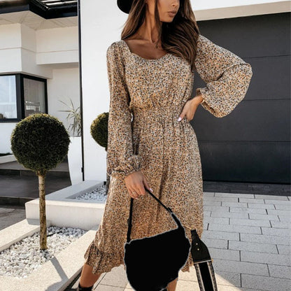 Square Neck Printed Lantern Sleeve Midi Ruffled Dress Casual Wholesale Dresses