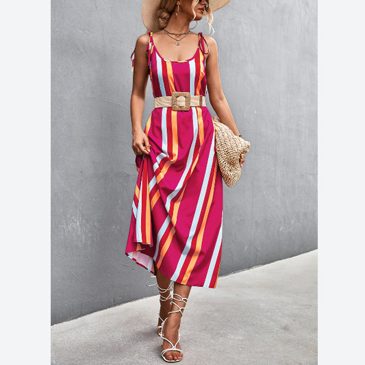 Low Cut Contrast Striped Print Sexy Backless Beach Sling A-Line Dress Holiday Wholesale Dresses