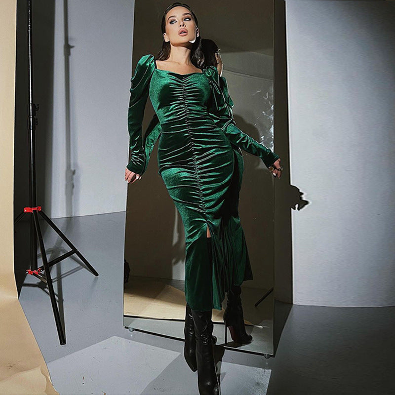 Fashion Temperament Pleated Slim Slit Long-Sleeved Midi Dress Wholesale Dresses