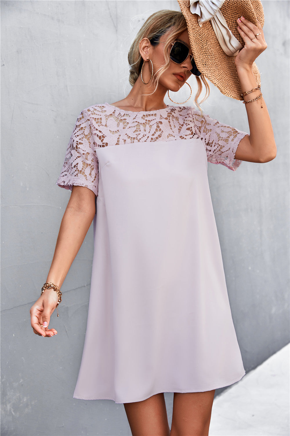 Short Sleeve Round Neck Loose Lace Stiching A-Line Dress Elegant Wholesale Dresses