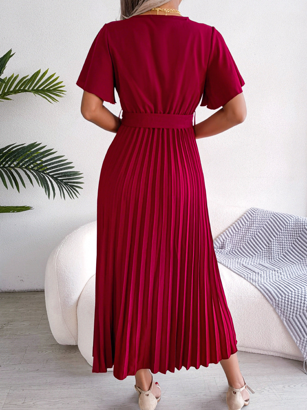 Cross V-Neck Flared Sleeve Tie-Up Pleated Dress Wholesale Dresses