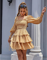 Plain & Print Square Neck Long Lantern Sleeve Chiffon Layered Skirts Design Cake Dress Resort Wholesale Dresses