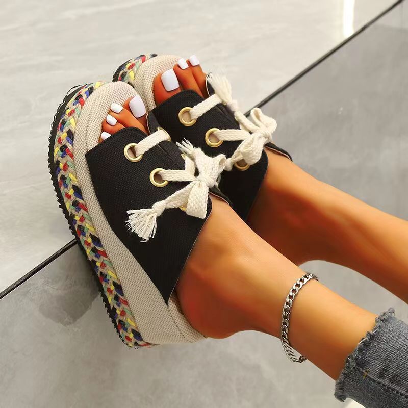 Wedge Colorblock Woven Slippers High Heel Sandals Wholesale Women Shoes