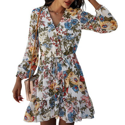 Sexy V Neck Chiffon Floral Print Dress Lace Up Long Sleeve Wholesale Dresses