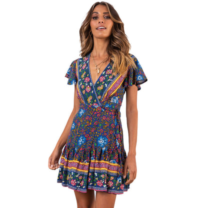 V Neck Lace Up Boho Print Ruffles Dress Short Vacation Dress Casual Wholesale Bohemian Dress For Women