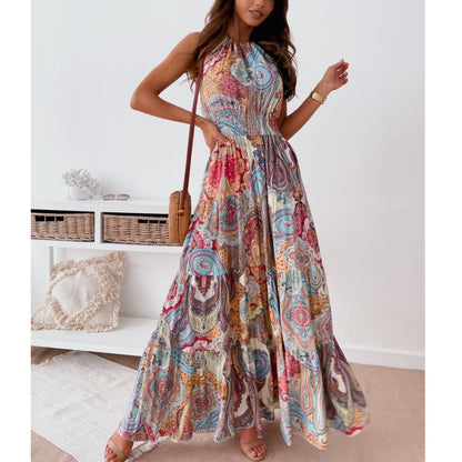 Sleeveless Halter Neck Bohemian Wholesale Floral Maxi Dresses Big Swing