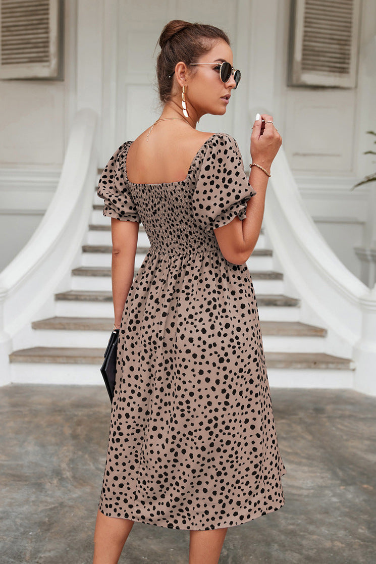 Dot Print Wide Neck Puff Sleeve High Waist Midi Dress Casual Wholesale Dresses