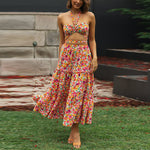 Lace-Up Floral Print Tube Tops & Smocked Long Skirts Wholesale Women'S 2 Piece Sets