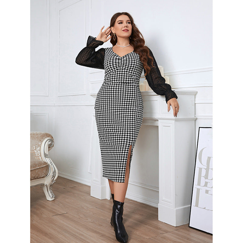 Wholesale Plus Size Women Clothing Skinny See-Through Petal Sleeve Plaid Slit V-Neck Midi Dress