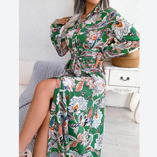 Retro Long Sleeve Lapel Tie-Up Printed Shirtdress Wholesale Shirt Dresses