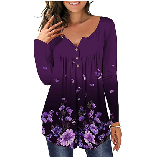 Women Fashion Long Sleeve Floral Print V Neck Wholesale Tunic Tops ST204155