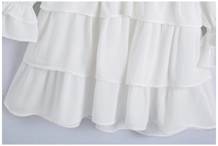 V Neck Ruffled Collar Elastic Waist Long Sleeve Cake Dress Wholesale Dresses