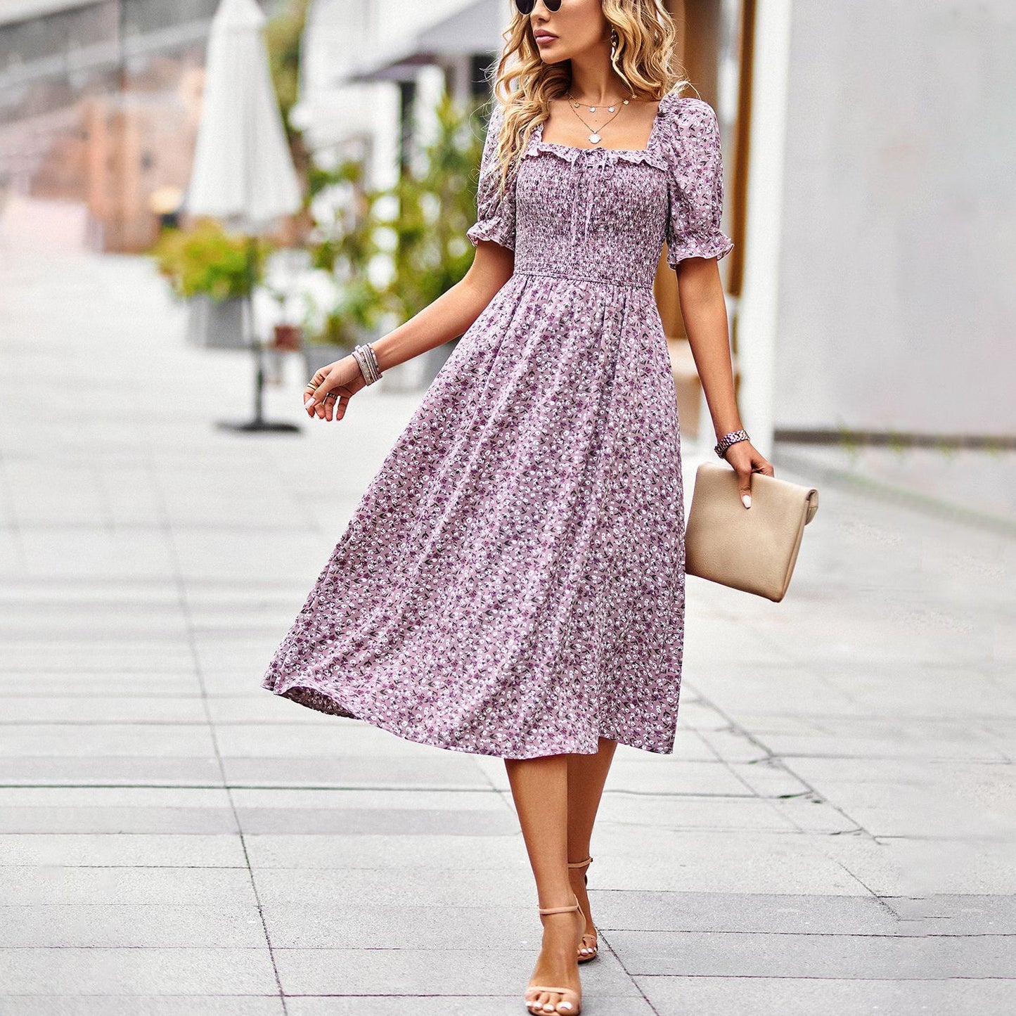 Summer Puff Sleeve Square Collar Floral Swing Dress Wholesale Dresses