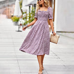 Summer Puff Sleeve Square Collar Floral Swing Dress Wholesale Dresses