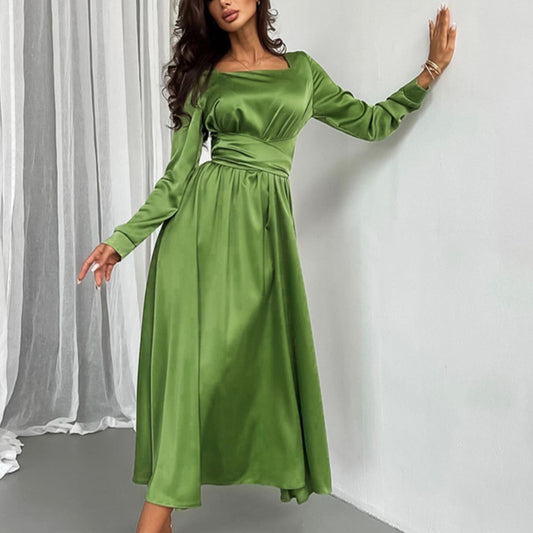 Solid Color Square Neck Slim Bow Tie Long Sleeve Midi Dress Wholesale Dresses