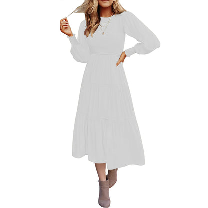 Solid Color Long Sleeve Midi Swing Smocked Dress Wholesale Dresses