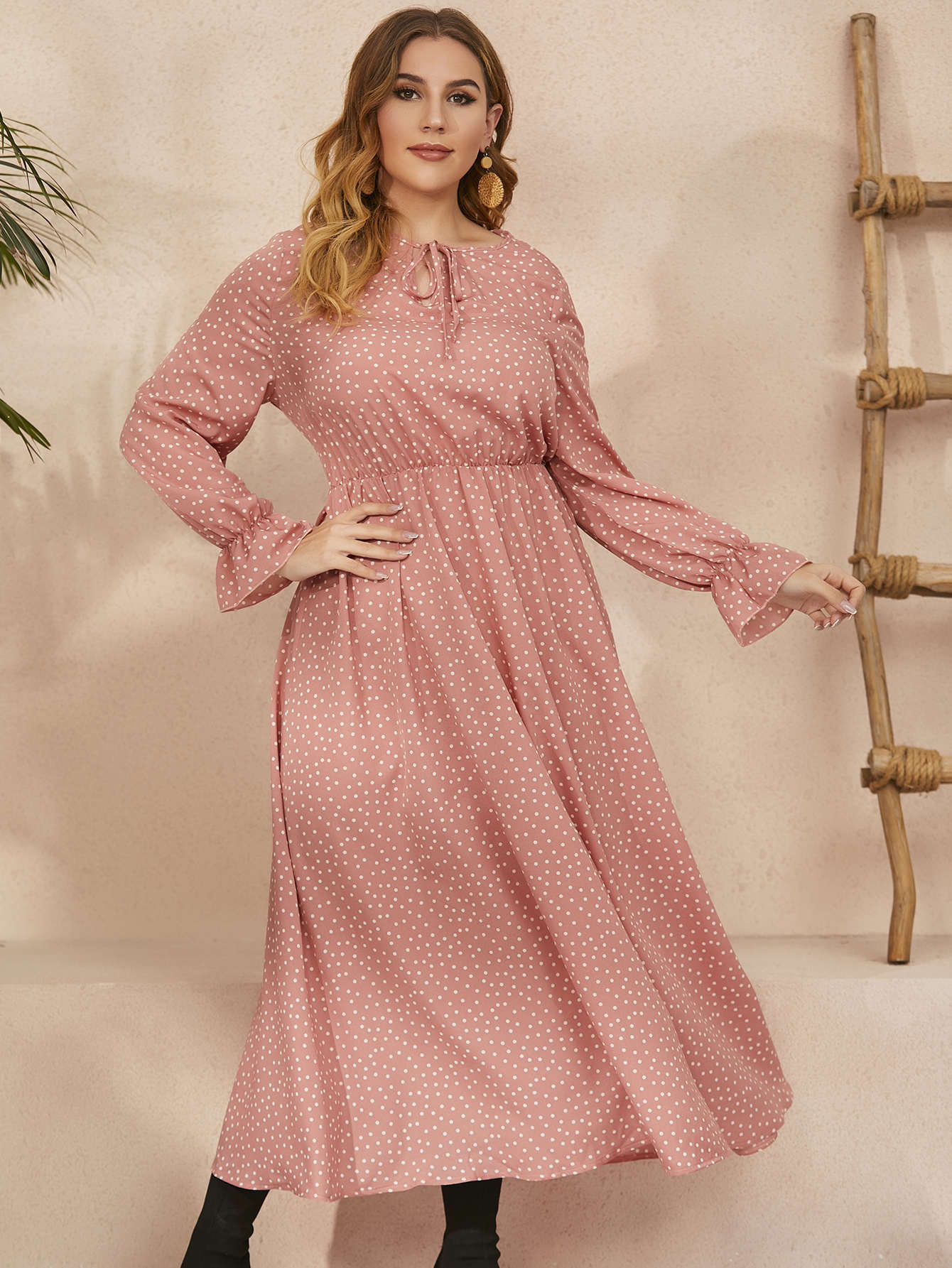 Chiffon Polka Dot Curvy Dress High Waist Long Sleeve Dresses Wholesale Plus Size Clothing