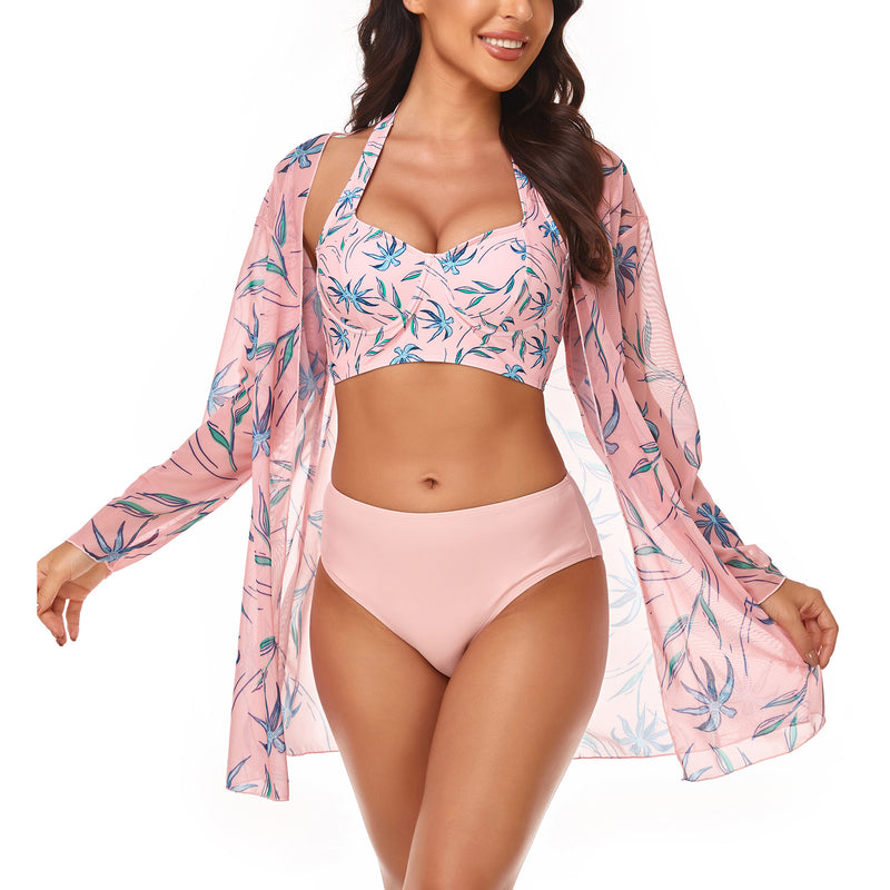 Floral Print Beach Cover-Up Cardigan & Bikini Sets Swimsuit Wholesale Womens Swimwear