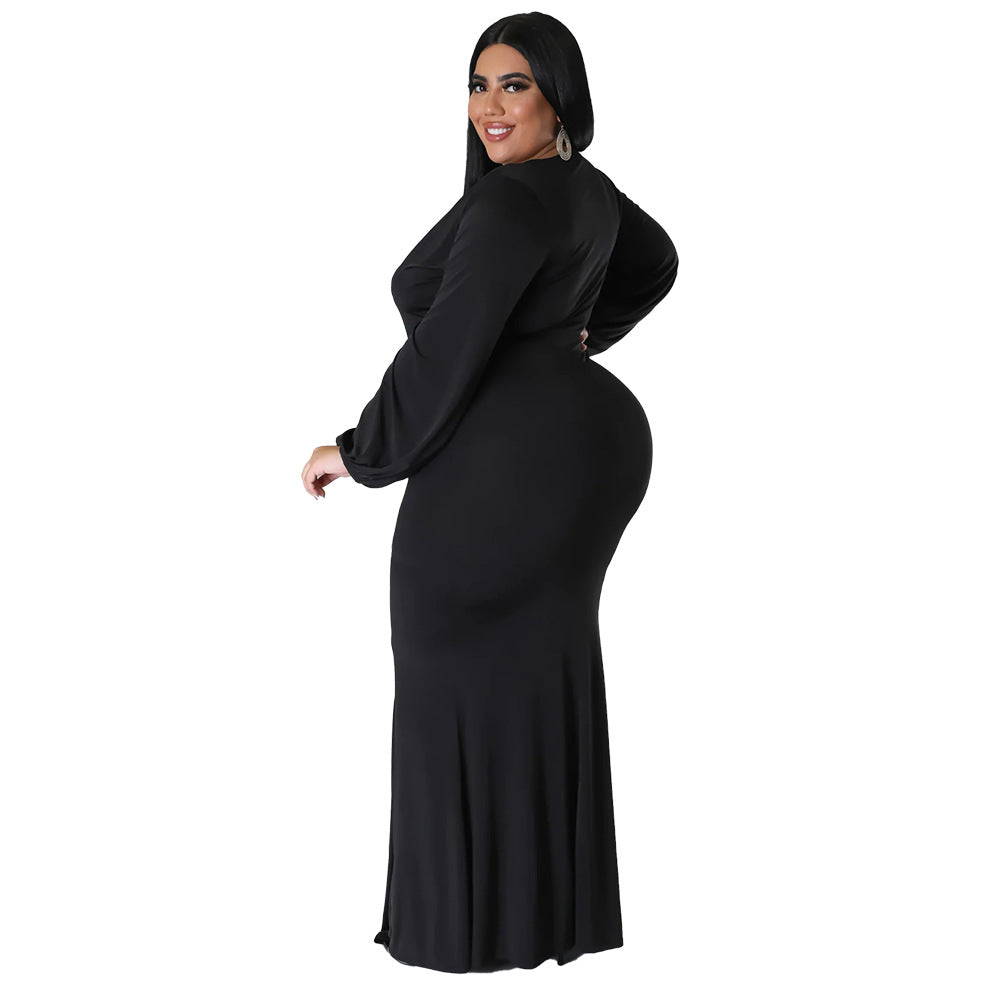 Long Sleeve V Neck Curvy Maxi Dresses Wholesale Plus Size Clothing