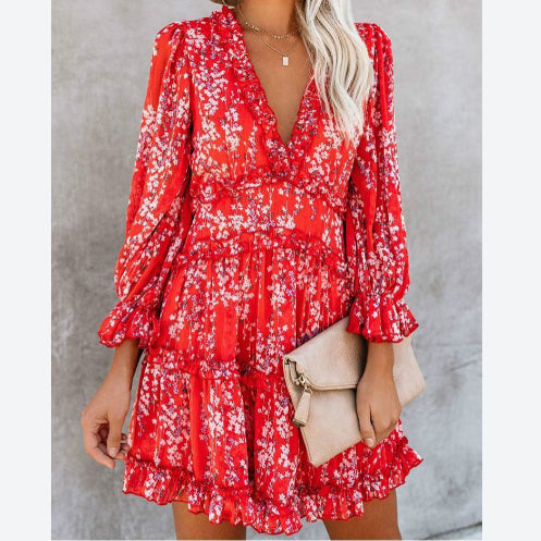 Floral Print Long Sleeve Wholesale Dresses Backless Puff Sleeves Vacation Dress