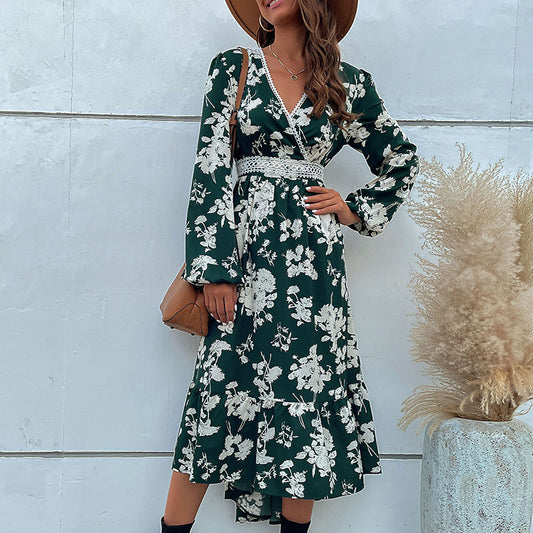 Floral Print Ruffle Long Sleeve Irregular Dress Wholesale Dresses