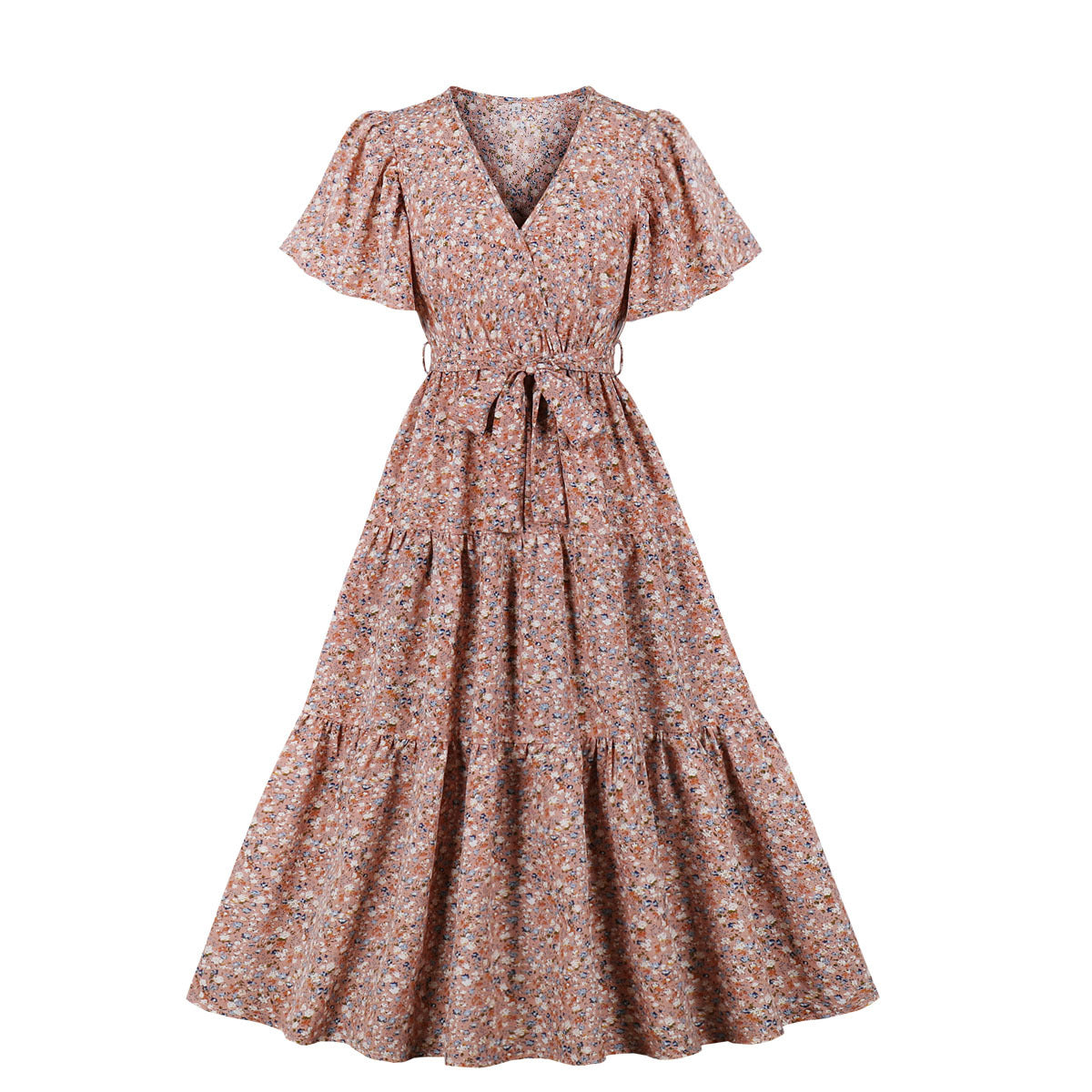 Tie-Up Elegant Floral Print Smocked Dress Wholesale Dresses