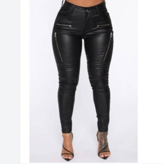 Skinny Women'S Zipper Mid Waist PU Leather Trousers Wholesale Pants