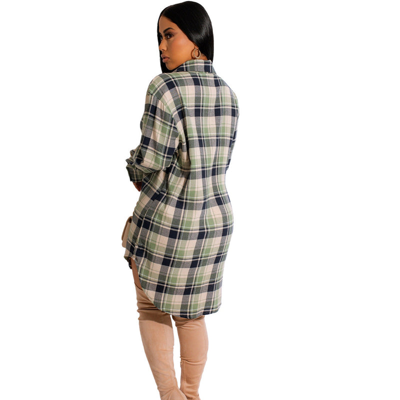 Casual Lapel Plaid Long Sleeve Single-Breasted Midi Shirt Dress Wholesale Dresses