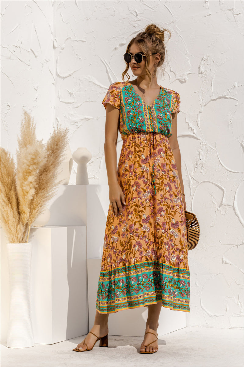 Ethnic Style Print Short-Sleeve Vacation V Neck Swing Boho Dress Casual Wholesale Bohemian Dress For Women