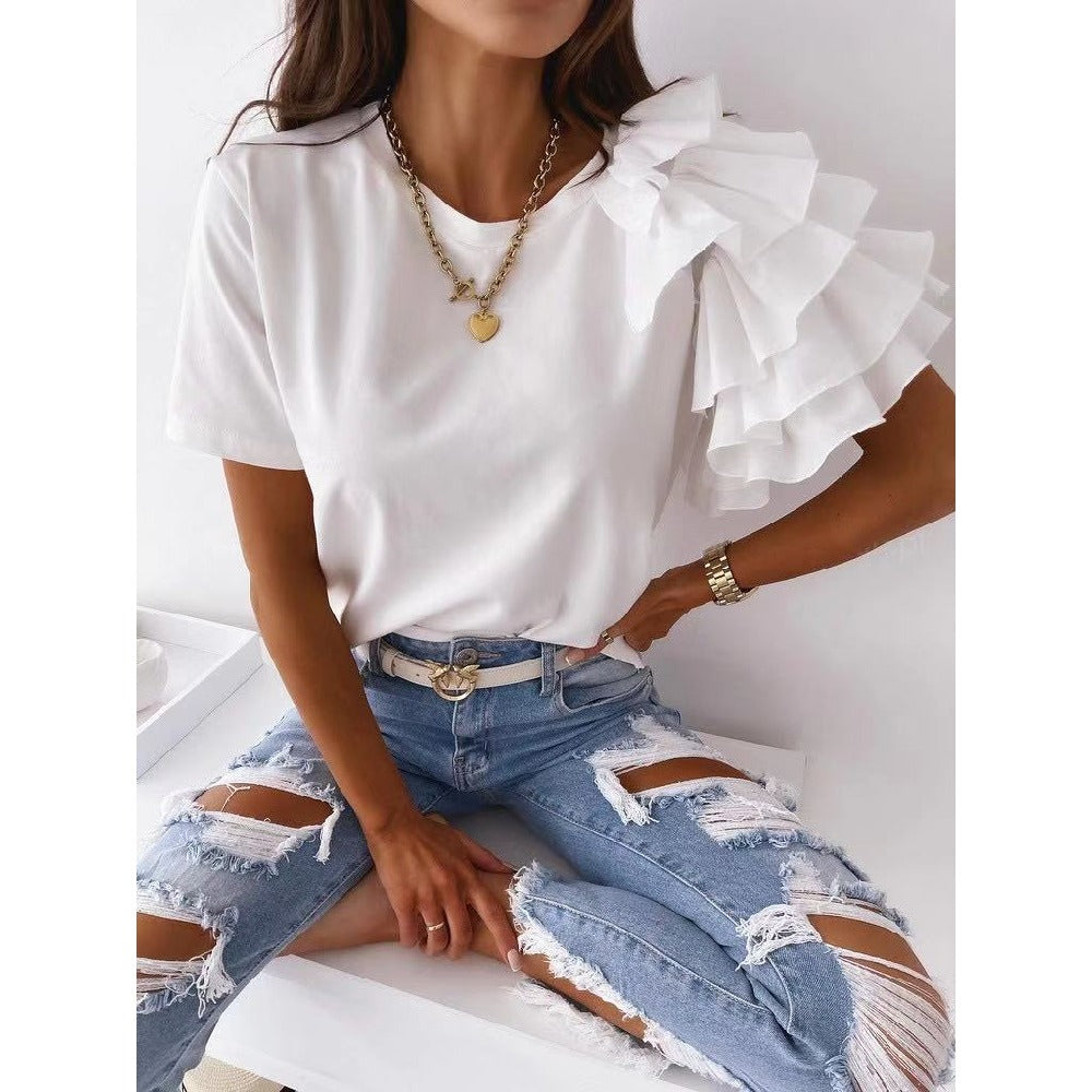 Fashion Ruffles Short Sleeve Round Neck T-Shirt Wholesale Womens Tops