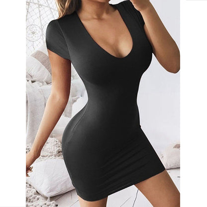 Sexy Short-Sleeved Solid Color Round Neck Slim Package Hip Dress Wholesale Dresses