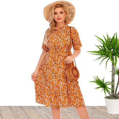 Lapel Collar V Neck Button Floral Wholesale Plus Size Bohemian Dresses Summer