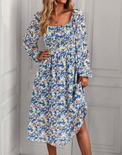 Floral Print Long Sleeve Square Neck Midi Dress Wholesale Dresses