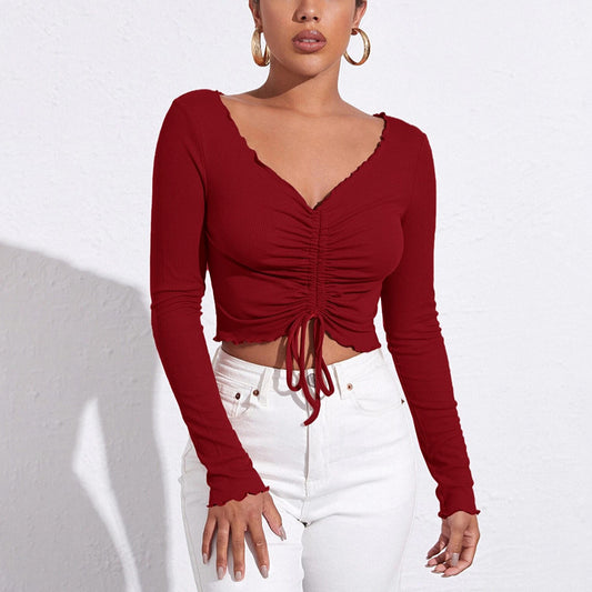 Sexy V-Neck Drawstring Pleats Top Solid Color Long Sleeve Slim Wholesale Crop Tops