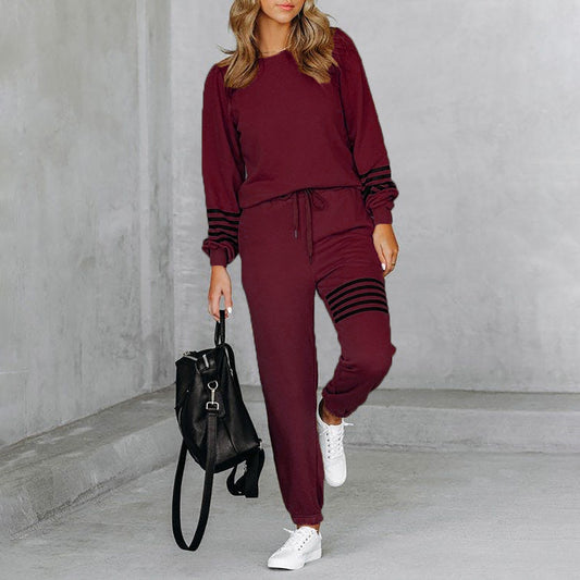 Striped Print Long Sleeve Tops Drawstring Pants Wholesale Activewear Sets For Women