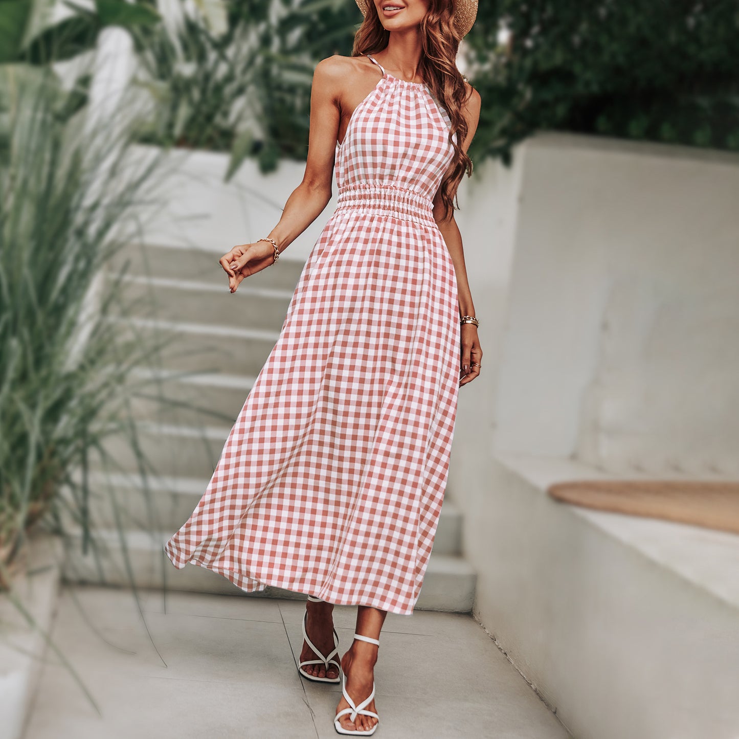 Summer Casual Plaid Cami Dress Sleeveless High Waist Wholesale Maxi Dresses