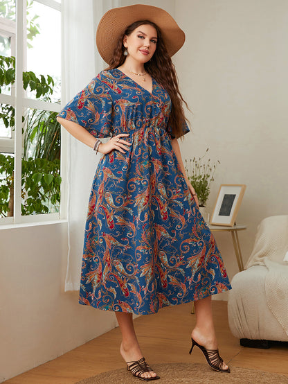 Fashion Chiffon Print V Neck Midi Dress High Waist Loose Short Sleeve Dresses Wholesale Plus Size Clothing