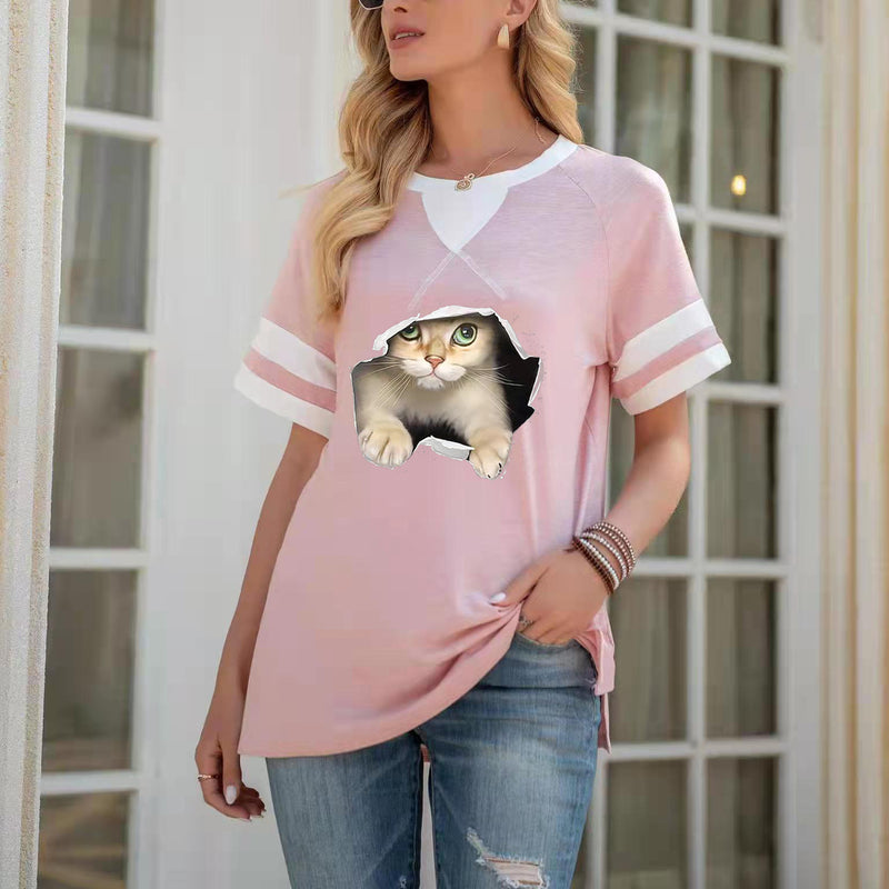 Short Sleeve Cartoon Cat Print Wholesale T-shirts Tops Summer